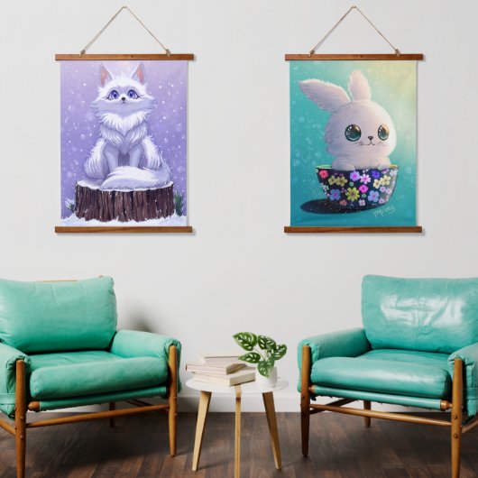 wildlife animals winter to spring :Fox & Rabbit Wandteppich Mit Holzrahmen (Wohnzimmer)