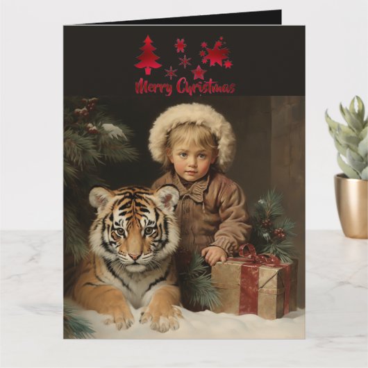 Wildlife Child Tiger Weihnachtsfest Vintag Karte (Kleine Pflanze)