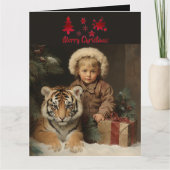 Wildlife Child Tiger Weihnachtsfest Vintag Karte (Vorderseite)