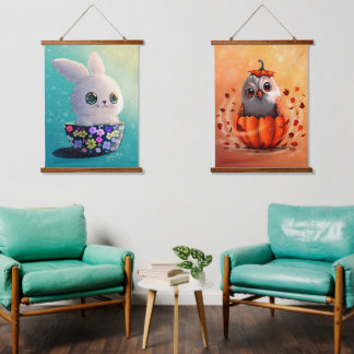 wildlife cute Forest animals : Owl, & Rabbit Wandteppich Mit Holzrahmen