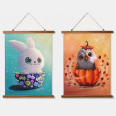 wildlife cute Forest animals : Owl, & Rabbit Wandteppich Mit Holzrahmen (Doppelt)