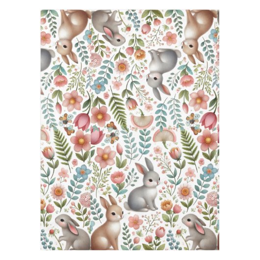Wildlife Rabbit Pink Floral Pattern Tablecloth Tischdecke (Vorderseite)