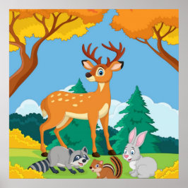 Wildlife Raccoon Chipmunk Rabbit Deer Fall Landsca Poster