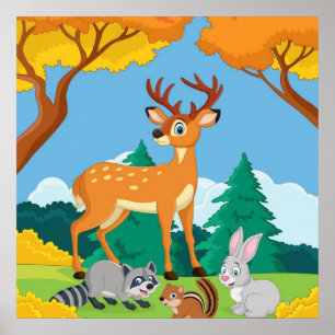 Wildlife Raccoon Chipmunk Rabbit Deer Fall Landsca Poster