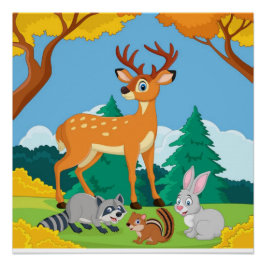 Wildlife Raccoon Chipmunk Rabbit Deer Fall Landsca Poster