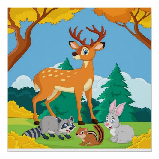 Wildlife Raccoon Chipmunk Rabbit Deer Fall Landsca Poster (Vorderseite)