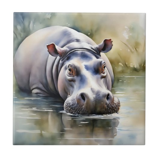 Wildlife Serenity Watercolor Hippo Fliese (Vorderseite)