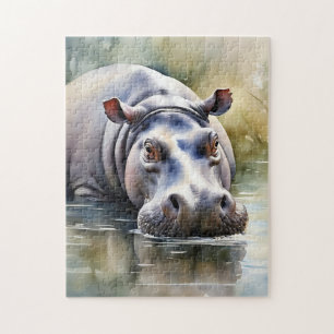 Wildlife Serenity Watercolor Hippo Puzzle