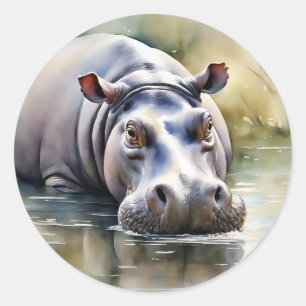 Wildlife Serenity Watercolor Hippo Runder Aufkleber