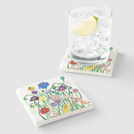 Wildmohnwasserfarbe Steinuntersetzer (Seitenansicht)