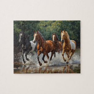 Wildpferde galoppieren Wasserspritzer Malerei Puzzle