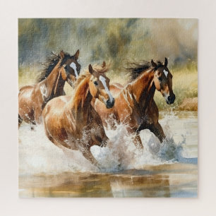 Wildpferde laufen braun schwarze Aquarellmalerei Puzzle