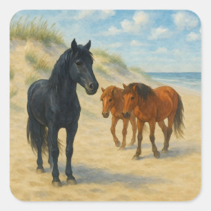 Wildpferde von Corolla North Carolina Aquarell Quadratischer Aufkleber