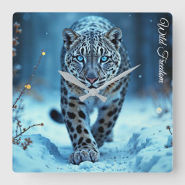 Wildschneeleopard wandern Frost verzauberter Wald Quadratische Wanduhr