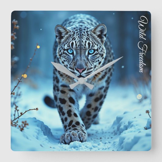 Wildschneeleopard wandern Frost verzauberter Wald Quadratische Wanduhr (Vorderseite)