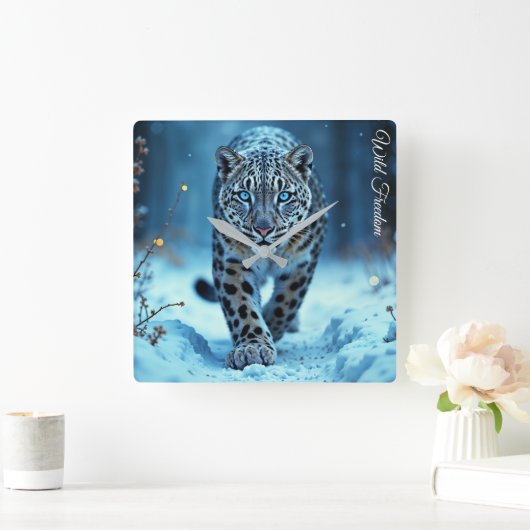 Wildschneeleopard wandern Frost verzauberter Wald Quadratische Wanduhr (Zuhause)