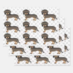Wildschwein-Draht-Dachshund-Hundemuster & Pfoten Geschenkpapier Set
