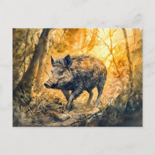 Wildschwein im Wald Aquarellmalerei Postkarte
