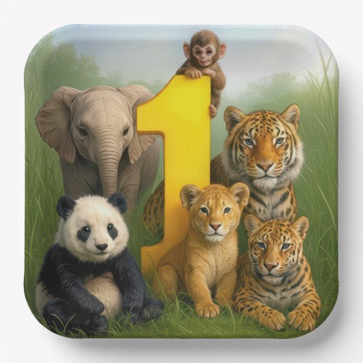 Wildtier-Babys mit der Nummer Eins Pappteller (Vorderseite)
