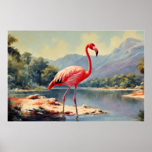 Wildtier Rosa Flamingo Fluss Berg Vintage Poster