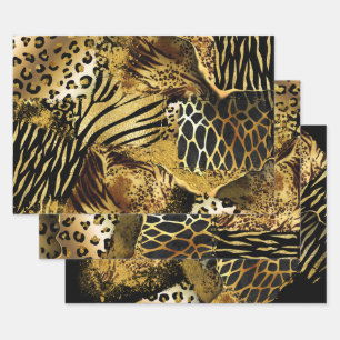Wildtier Safari-Skin-Muster Gold Schwarz Geschenkpapier Set