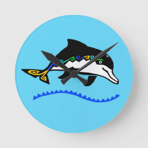 Wildtiere - Grafischer DOLPHIN - Natur - Ozeanblau Runde Wanduhr