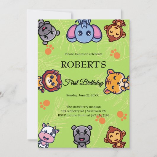 Wildtiere zum ersten Geburtstag Einladung (Vorderseite)
