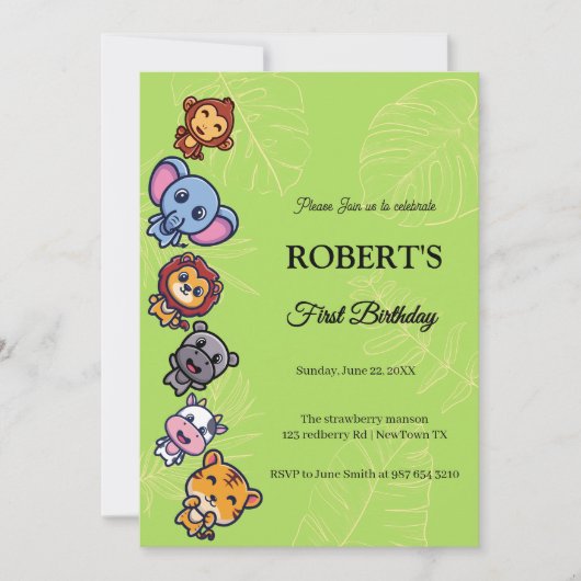 Wildtiere zum ersten Geburtstag Einladung (Vorderseite)