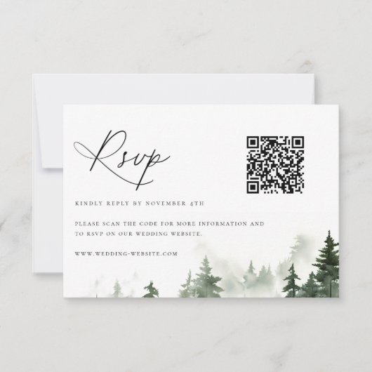 Wildwälder Pinienbäume, die den QR-Code hochhalten RSVP Karte (Vorderseite)