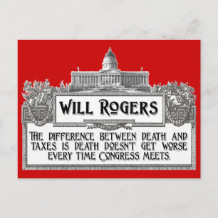 Will Rogers zitieren über Tod und Steuern Postkarte
