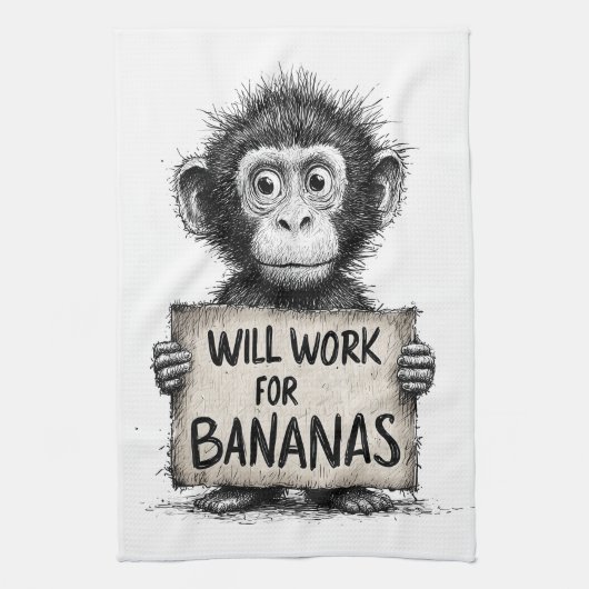 Will Work for Bananas - Humorous Monkey Sketch Geschirrtuch (Vertikal)