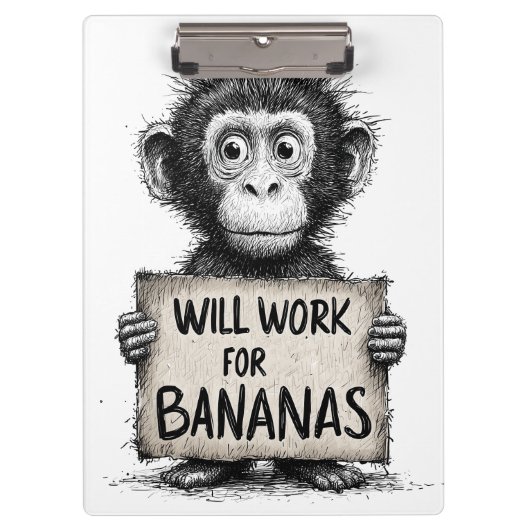 Will Work for Bananas - Humorous Monkey Sketch Klemmbrett (Vorderseite)