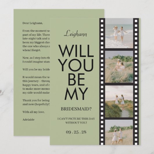 Will You Be My Bridesmaid Photo Green Reel Einladung (Vorne/Hinten)