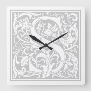 William Morris Alphabet "S. Square Wall Clock Quadratische Wanduhr
