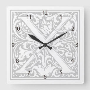William Morris Alphabet "X" Square Wall Clock Quadratische Wanduhr