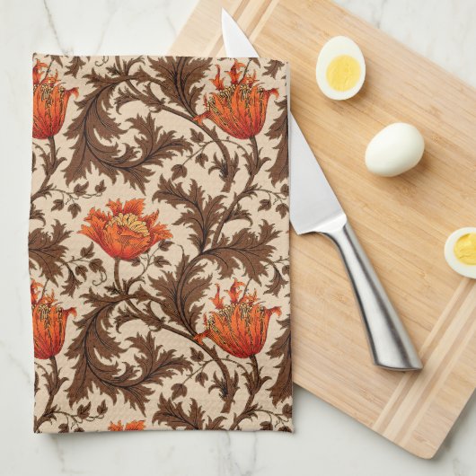 William Morris Anemone, Beige, Brown & Rust Orange Geschirrtuch (Viertel Falte)