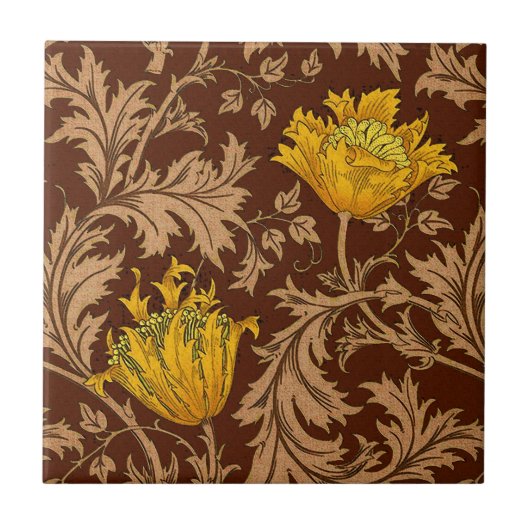 William Morris Anemone, Brown und Mustard Gold Fliese (Vorderseite)