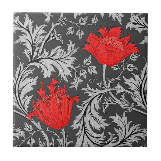William Morris Anemone, grau / grau und rot Fliese (Vorderseite)