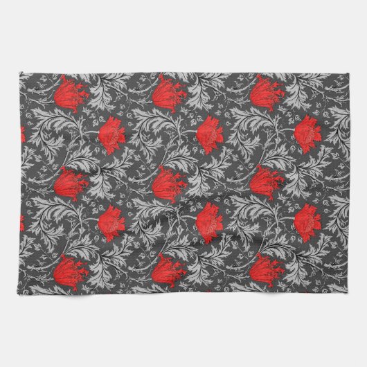 William Morris Anemone, grau / grau und rot Geschirrtuch (Horizontal)