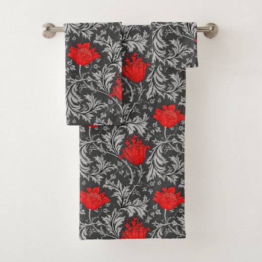 William Morris-Anemone, Graues/Grau und Rot Badhandtuch Set (Insitu)