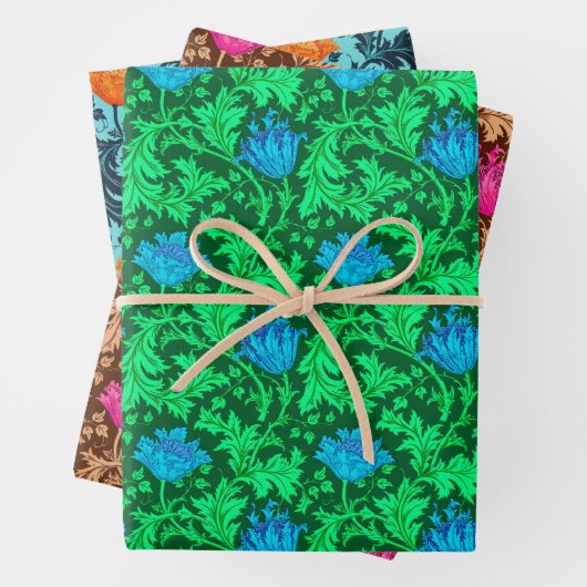 William Morris Anemone, Green, Brown und Blue Geschenkpapier Set (Beispiel)