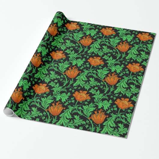 William Morris Anemone, Orange, Green und Black Geschenkpapier (Ungerollt)