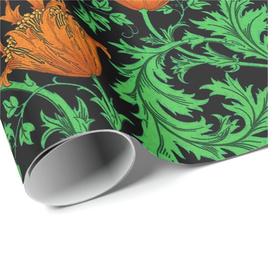William Morris Anemone, Orange, Green und Black Geschenkpapier (Rolleneckpunkt)