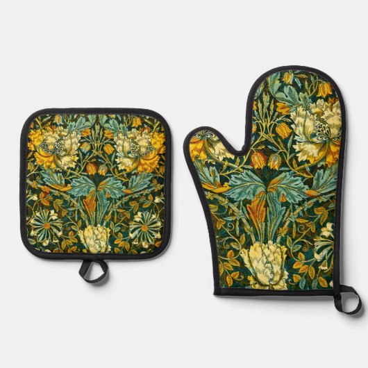 William Morris Antique Honeysuckle Floral Pattern Ofenhandschuh & Topflappen-Set (Vorderseite)