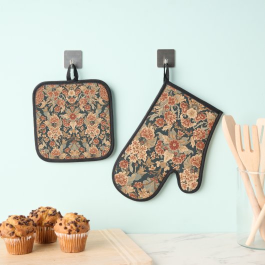William Morris Antique Honeysuckle Floral Pattern Ofenhandschuh & Topflappen-Set (Insitu (Hängend))