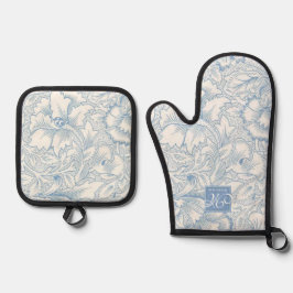 William Morris, Art Nouveau Blue Acanthus Monogram Ofenhandschuh & Topflappen-Set