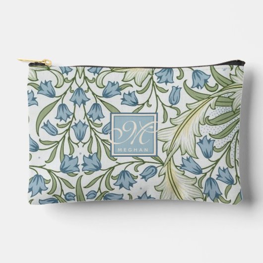 William Morris Art Nouveau Blue Bellfower Monogram Zubehörtasche (Vorderseite)