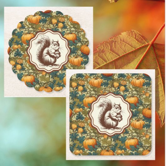 William Morris Autumn Pumpkin mit Eichhörnchen Ret Rechteckiger Pappuntersetzer