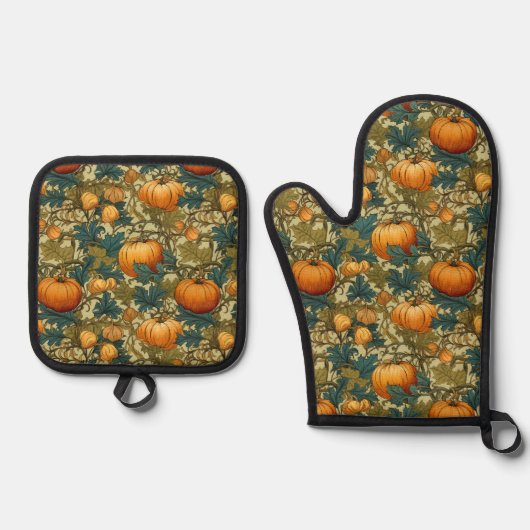 William Morris Autumn Pumpkin Patch Retro Ofenhandschuh & Topflappen-Set (Vorderseite)