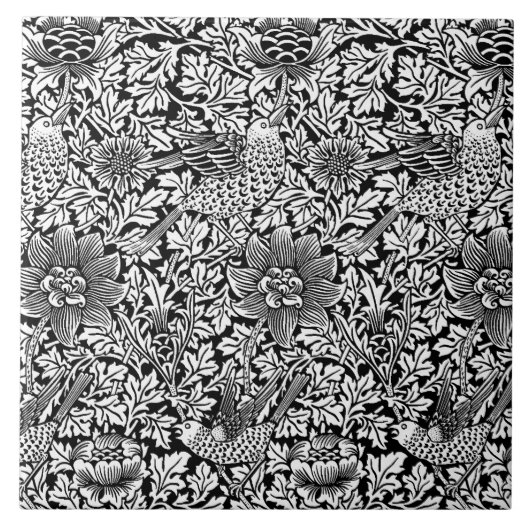 William Morris 'Bird and Anemone' in Black & White Fliese (Vorderseite)
